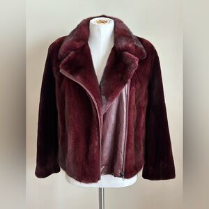 NWT @ $4950 Flemington Fur Modern Chic Luxurious Mink Moto Jacket Burgundy S-M